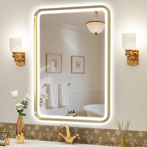 S'bagno 32X24 Gold LED Mirror for Bathroom with Frontlit & Backlit, LED Bathroom Mirror with Metal Frame, Anti-Fog, Stepless Dimmable, 3 Colors Temperature LED Vanity Mirror(Horizontal/Vertical)