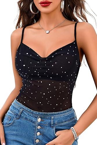 Avidlove Women's Mesh Camisole Cowl Neck Tank Top Cami Sequin Basic Tank Shirt Blouses XS