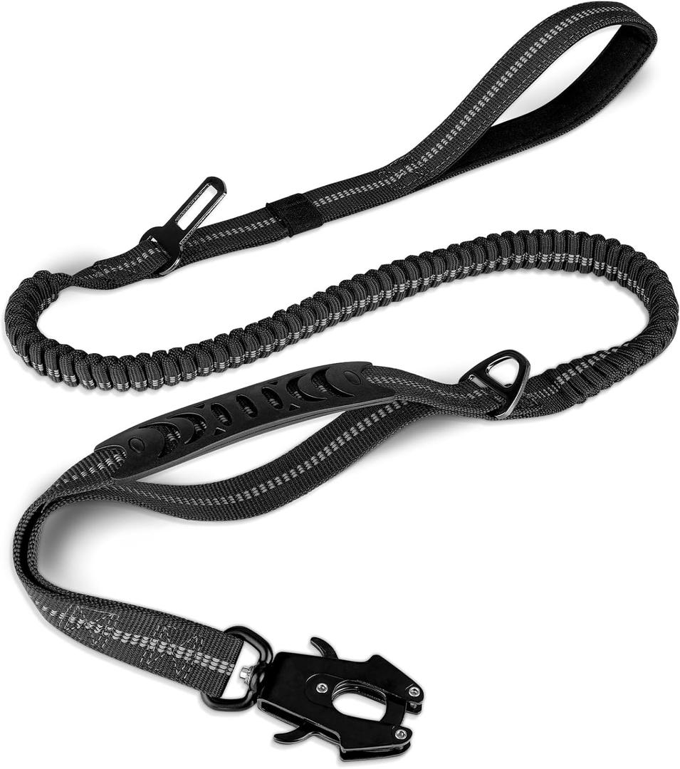 Joytale Tactical Dog Leash Heavy Duty, 4-6FT Shock Absorbing Bungee Lead with 2 Padded Handle, Metal Carabiner Clip, Car Seatbelt, Strong No Pull Leash for Medium Large X-Large Dogs, Black