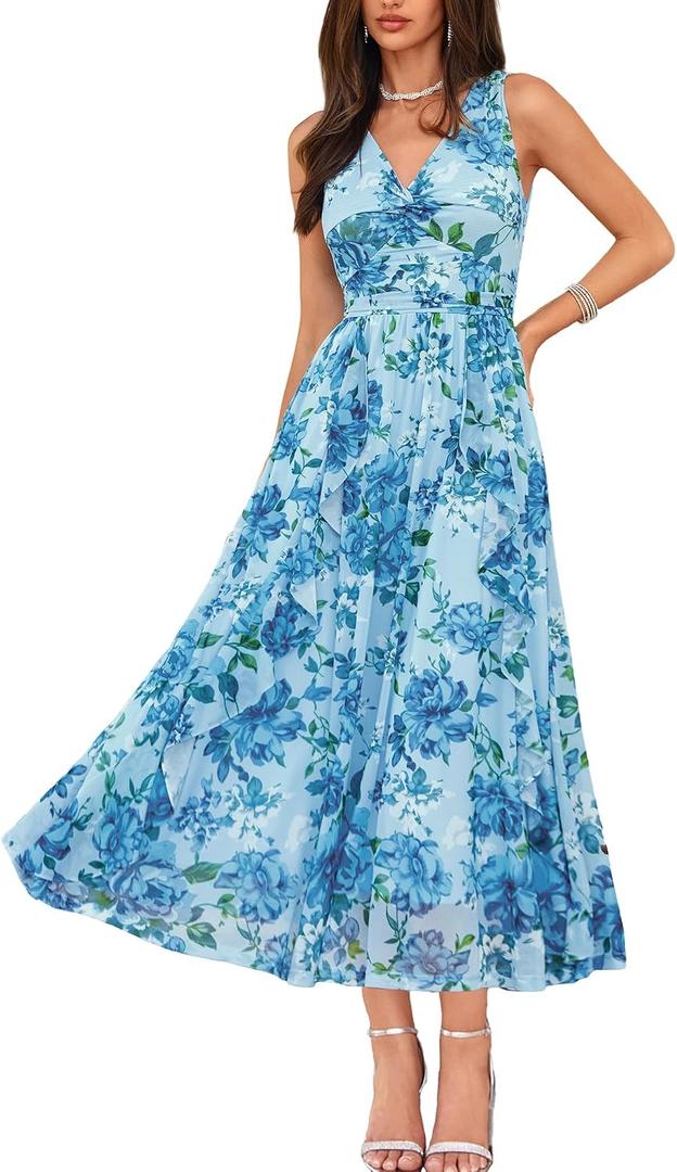 GRACE KARIN Women's Summer Sleeveless Floral Maxi Dress V Neck Formal Wedding Guest Dress A Line Beach Vacation Clothes (M)