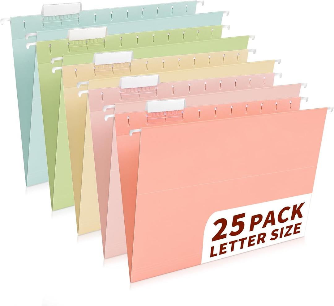 25-Pack Pastel Hanging File Folders, Letter Size (8.5"x11") with 1/ 5-Cut Tabs, 25 Transparent Label Cards, 25 Sticker Labels–Home Office & Filing Cabinets