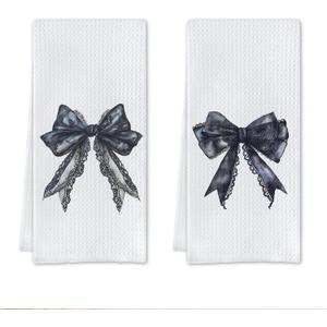 Black Bow Bathroom Decor,Black Bows Towels,Gothic Bathroom Decor,Lace Kitchen Dish Towels, 16 X 24, Set of 2