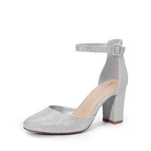 DREAM PAIRS Women's Closed Toe Chunky Heels Ankle Strap Low Block Heels Round Toe Dress Bridal Wedding Pumps Shoes,Size 8,Silver-Glitter,DWUMPU2535