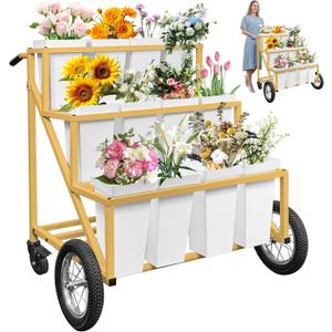 PROLEE Flower Stand with 12 Buckets, Flower Display Stand with Wheels, Moving Florist Bouquet Shelf for Wedding and Party, Gold