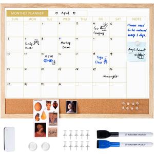 ARCOBIS Calendar Whiteboard with Cork Board, 24"x18" Wood Frame Dry Erase Calendar for Wall, Magnetic Monthly Combination Board for Home, Office, School, Kitchen, Beige