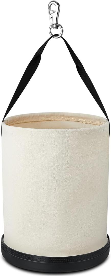 1 Pack Canvas Bucket 15" x 12" Heavy Duty Lineman Tool Bag with Plastic Bottom & Metal Hook Electrician Tool Organizer for Jobsite Use, Load Rated up to 150 Pounds (White)