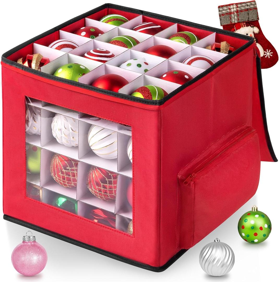 Christmas Ornament Storage Box, Premium Ornaments Organizer with Adjustable Dividers Pockets Clear Window Store Up to 64 Holiday Ornaments Storage Container Bin Zippered for Christmas Decorations Red