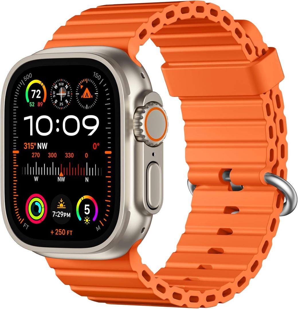 DaQin Ocean Band for Apple Watch Ultra 3/Ultra 2/Ultra 49mm 46mm 45mm 44mm 42mm Men, Soft Silicone Breathable Waterproof Sport Wristband Strap for iWatch Series 11 10 9 8 7 6 5 4 SE 3 2 1 (Orange)