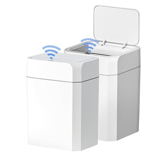 ELPHECO 2 Pack 3.5 Gallon Bathroom Trash Can with Lid Motion Sensor Slim Garbage Can Bathroom Decor Waterproof Smart Small Trash Bin for Kitchen, Office, Bedroom, Living Room, Toilet, White