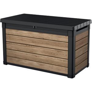 Keter Ashwood 100 Gallon Resin Deck Box Organization and Storage for Patio Furniture Outdoor Cushions, Throw Pillows, Garden Tools and Pool Toys, Brown