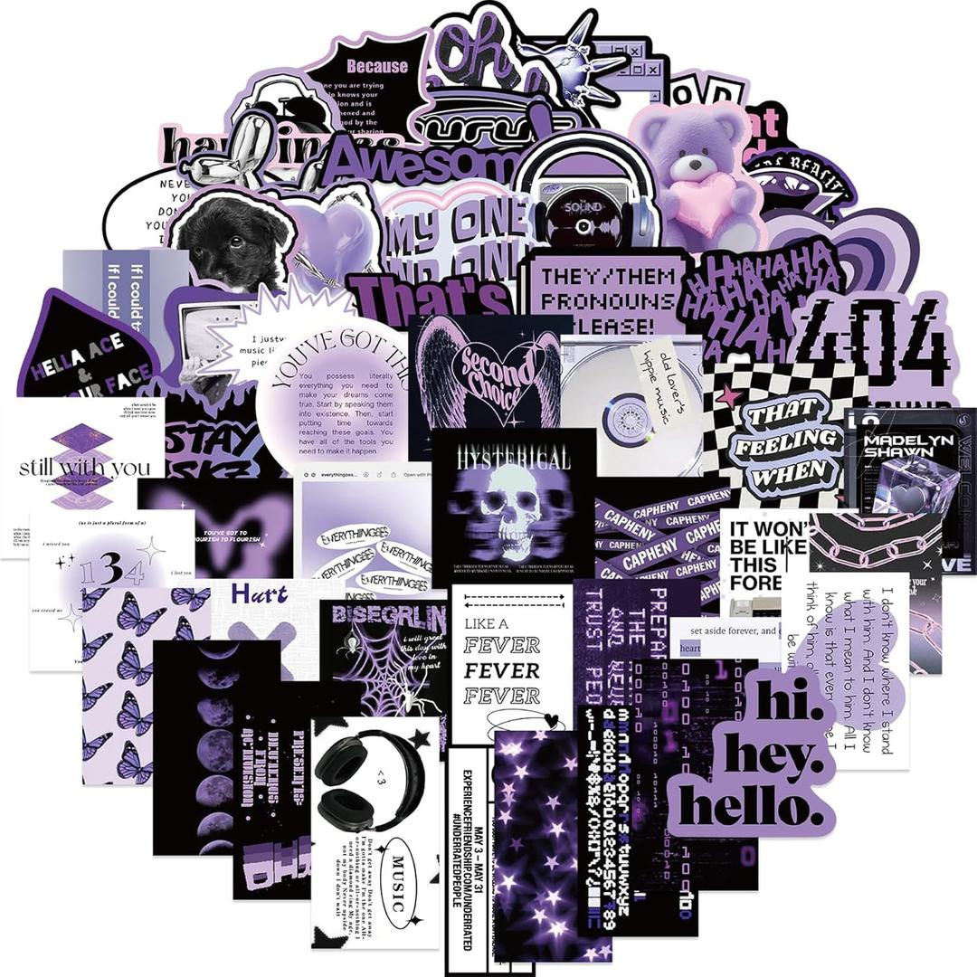 Cool Black Purple Stickers Pack 60Pcs Trendy Aesthetic Stickers for Teens Adults Vinyl Stickers for Water Bottle Laptop Guitar (Black Purple)