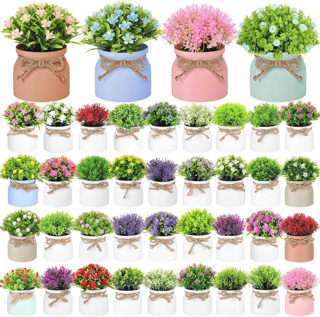 Giegxin 40 Pack Small Artificial Potted Flowers Bulk, Fake Potted Plants Plastic Faux Flowers for Wedding Home Desk Tabletop Outdoor Office Kitchen Centerpieces
