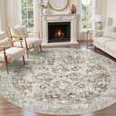 Tortania 7' Round Area Rug Living Room Rugs - Washable Boho Rug Vintage Oriental Distressed Farmhouse Large Thin Indoor Carpet for Bedroom Under Dining Table Home Office - Brown Blue