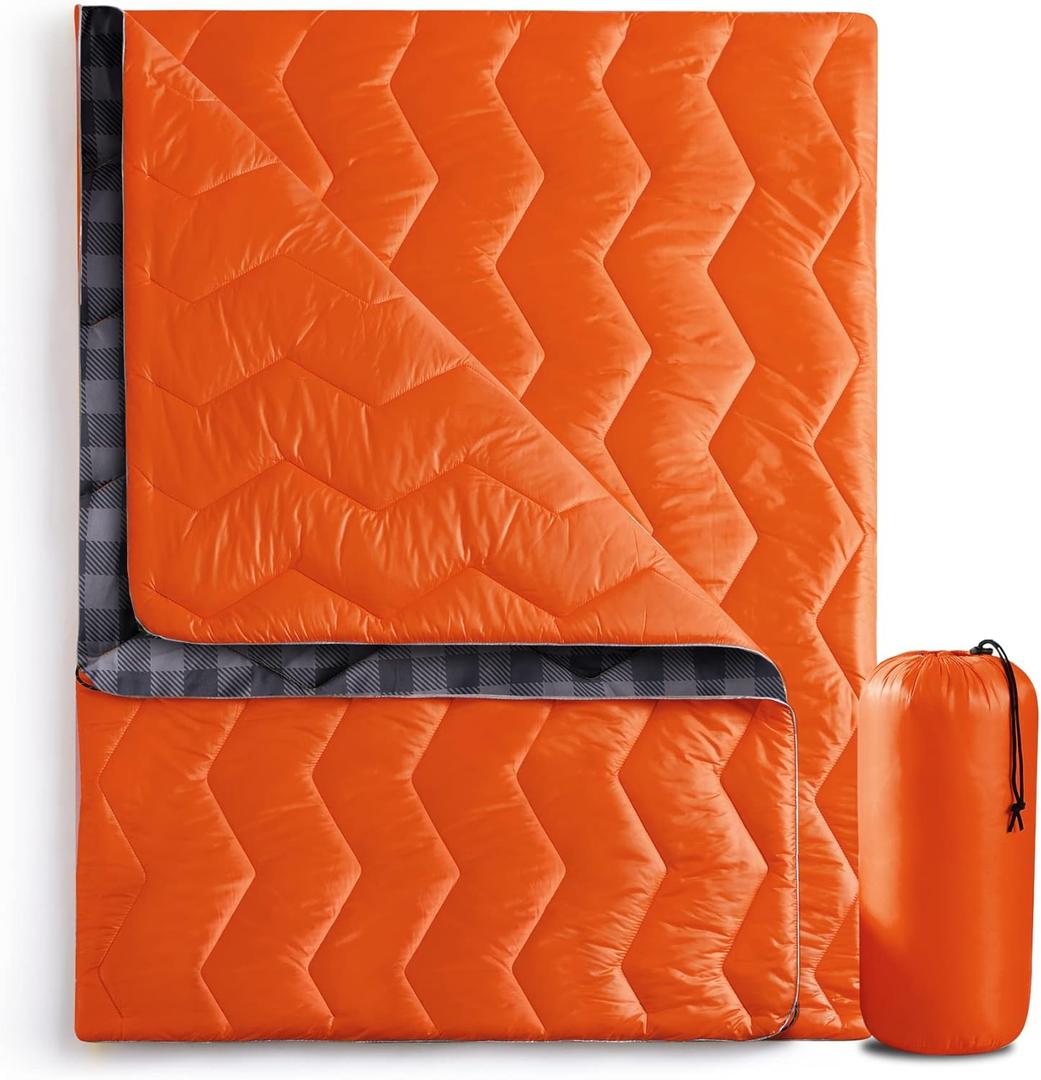 UNIKOME Waterproof Puffy Camping Blanket - Lightweight Packable Outdoor Quilt with Corner Loops, Warm Compact Blanket for Cold Weather Hiking Picnic Stadium Travel, 75"52", Orange