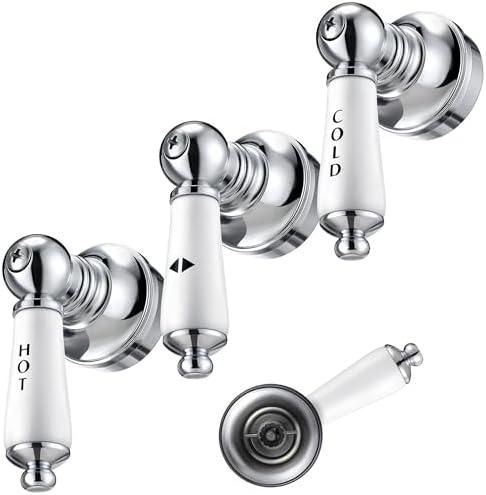 Enhon 3 Pcs Porcelain Handle Set, Compatible with Price Pfister Shower Valve, Hot Cold and Diverter Handle, Fits 12 Point Broach Stem, Chrome Finish White Porcelain(Lever)