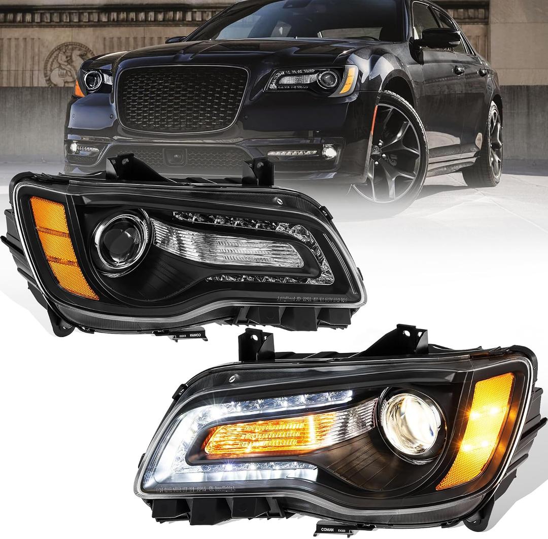 MOSTPLUS Pair LED DRL Headlight Assembly Compatible for 2011-2023 Chrysler 300 Front Lamps w/bulbs Black Housing Clear Lens Amber Corner Left and Right Side(Set of 2)