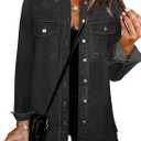 Bosmeer Women's Oversized Jean Jacket Casual Long Sleeve Denim Shirts Distressed Frayed Hem Denim Shacket (Gray, S)