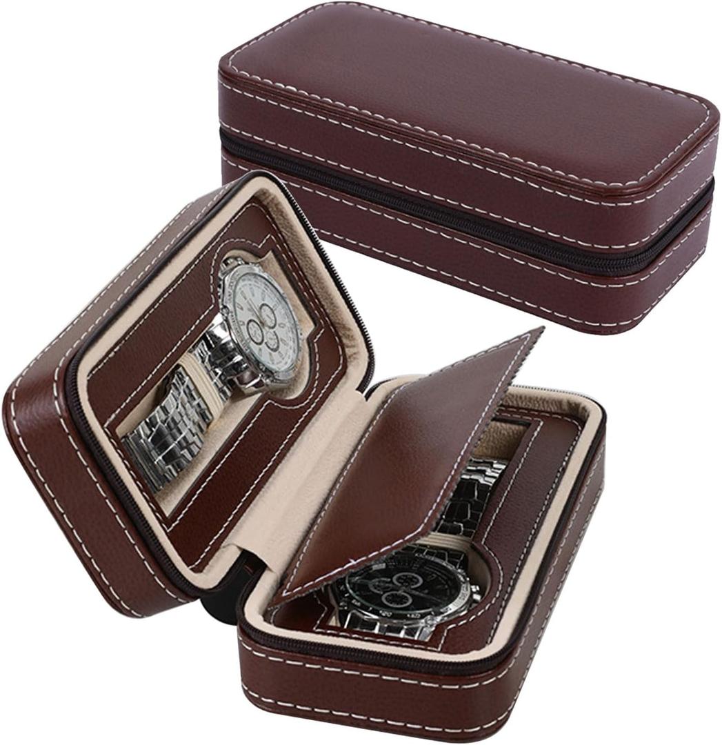 Men Travel Watch Case, Leather Zipper Travel Case Bag Watch Box Storage Pouch, Watch Bands Case Watch Straps Holder Organizer for Wrist Watch Display Case Coffee (2 Slot)