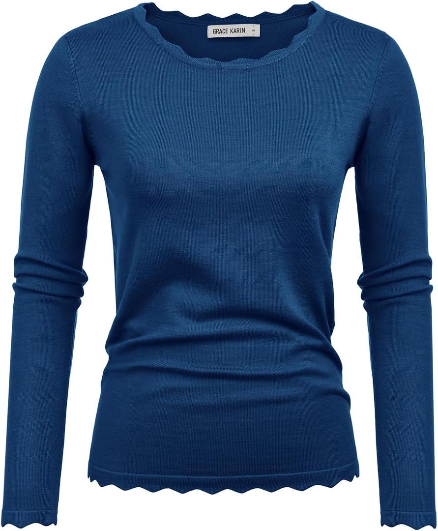 GRACE KARIN Women's High Stretchy Long Sleeve Pullover Sweater Blouse Top (Blue, S)