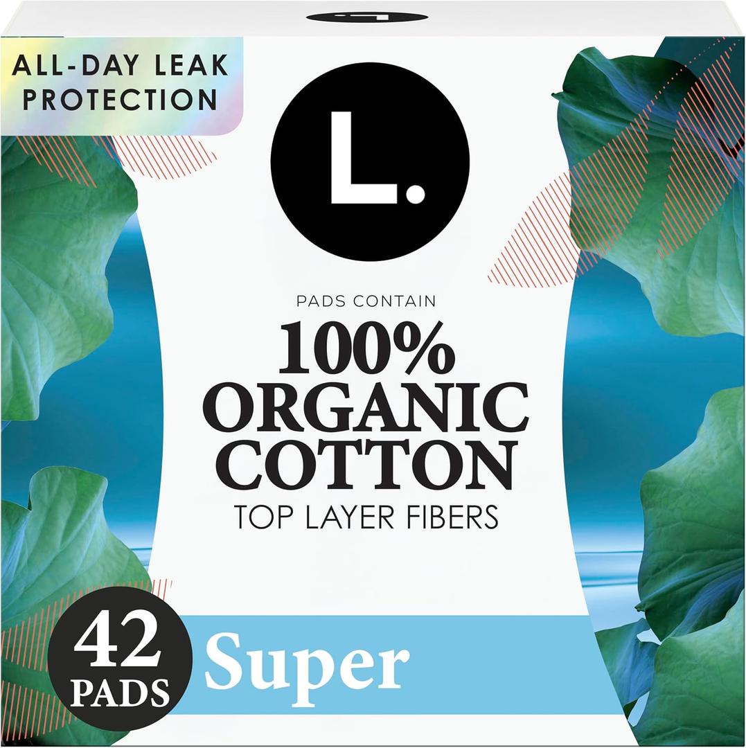 L. Ultra Thin Pads for Women, Organic Cotton Top Layer, Super Absorbency, Menstrual Pads with Wings, Made Without Synthetic Pesticides and Fragrances, 42 Count