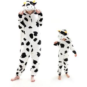 COSUSKET Fit Unisex Adult Cow Onesie Pajamas, Halloween Womens Cosplay Animal One Piece Costume (7-8 Years, White/Black)