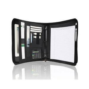 Business Portfolio with Zipper 3 Ring Binder Organizer - PU Leather Folder Padfolio Document Organizer with Solar Calculator,Writing Pad