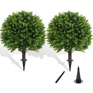 22" Artificial Boxwood Topiary Outdoor Plants with Spike, 2 Pack Faux Bushes UV Resistant Fake Shrubs for Front Porch Dcor