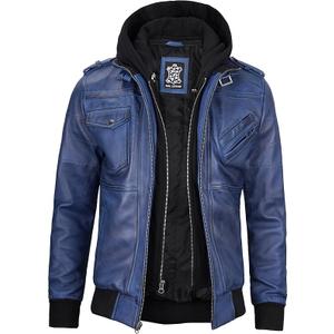 Decrum Hooded Leather Jacket Men - Real Lambksin Bomber Style Leather Jackets For Mens With Detachable Hood, Size S