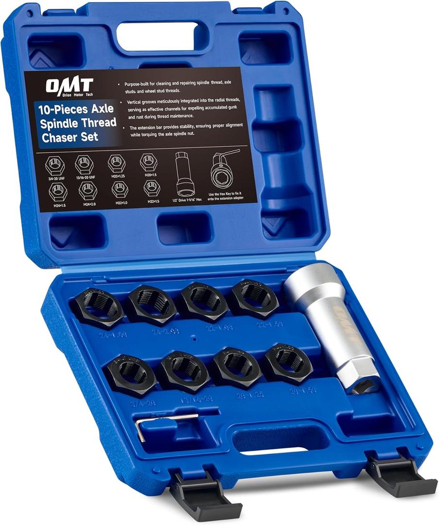 Orion Motor Tech 10pc Axle Spindle Threading Set, Axle Thread Repair Kit with 8 Dies 1-1/16" Extension Bar, Axle Nut Rethreader with M20 M22 M24 & 13/16" 3/4" UNEF Nuts, Rethreading Tool Kit with Case