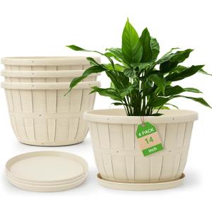 Quarut 14 Inch Plastic-Flower-Pot-for-Indoor-Plants, 4 Pack Large Outdoor Planter Pot with Drainage Holes & Saucers, Resin Decorative Garden Pots PlantersWhite (Beige)