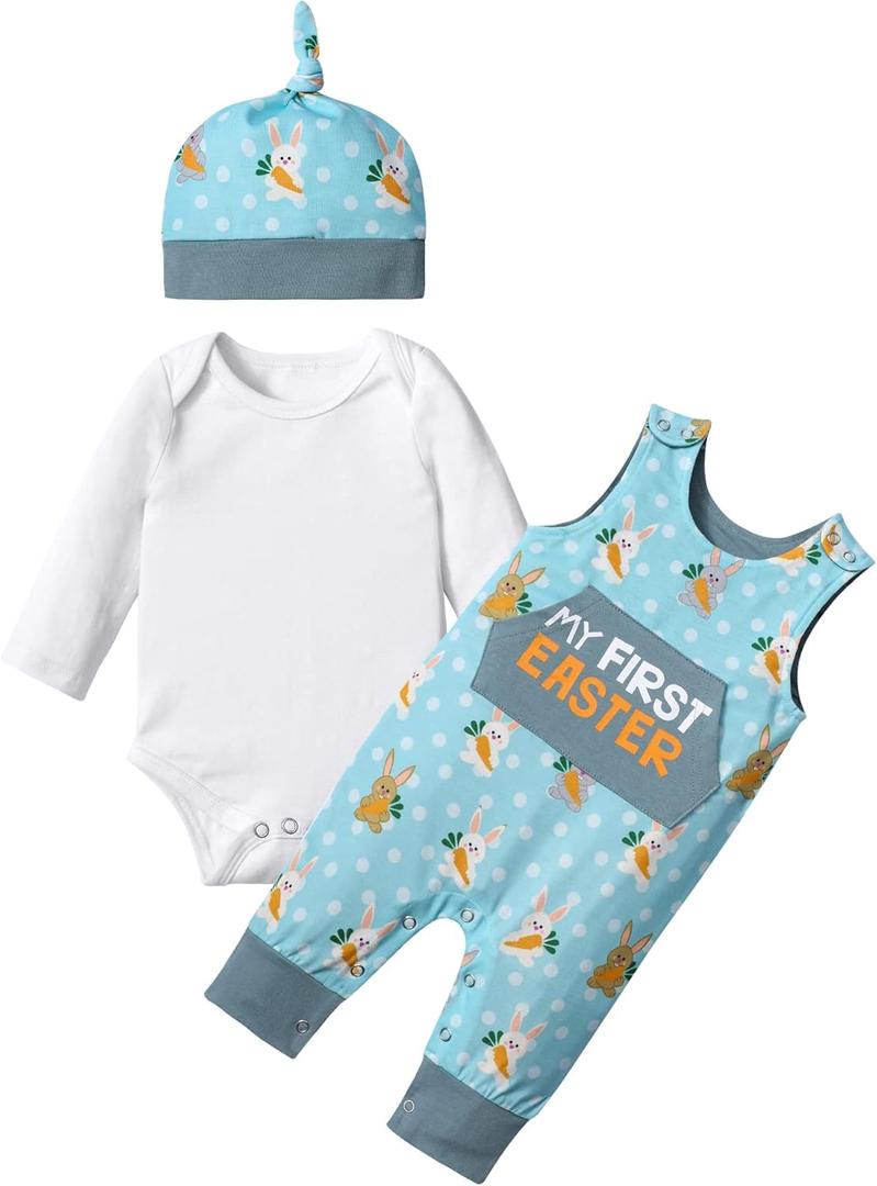 MIGU Easter Outfit Baby Boy Girl Outfit My First Easter Outfit Long-Sleeved Onesie 3-Piece Set Romper (6-9 Months, Blue)