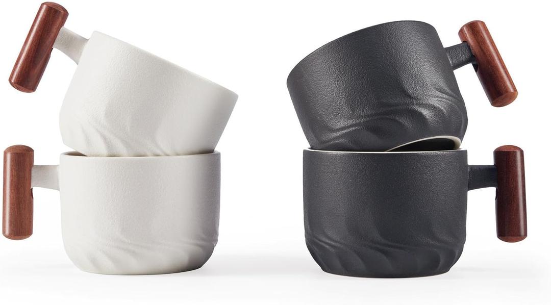 6oz Ceramic Espresso Cups with Wooden Handle, Small Coffee Cups for Latte Cappuccino, Tea Cups Set of 4 (Black&White)