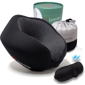 Premium Quality Memory Foam Travel Neck Pillow Bundle - Best Ergonomic Pillow for Airplane Travel, car Ride, Sleeping. Comes with Eye mask, earplugs and Storage Bag.(Stealth Black)