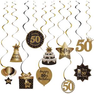 Happy 50th Birthday Party Hanging Swirls Streams Ceiling Decorations, Celebration 50 Foil Hanging Swirls with Cutouts for 50 Years Old Black and Gold Birthday Party Decorations Supplies