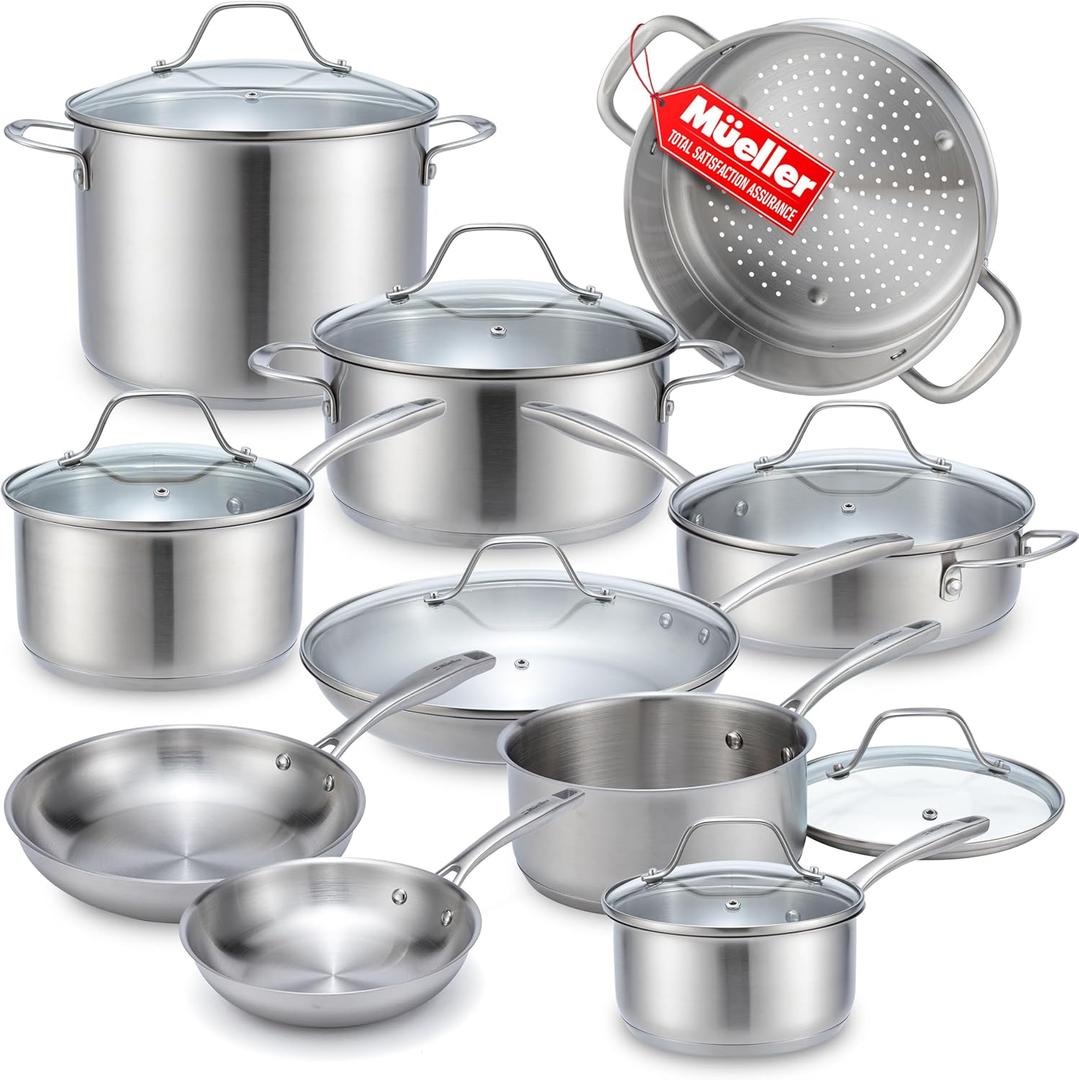 Mueller Pots and Pans Set 17-Piece, Ultra-Clad Pro Stainless Steel Cookware Set, Ergonomic EverCool Handle, Induction Cookware, Includes Saucepans, Skillets, Dutch Oven, Stockpot, Steamer For Cooking (Silver)