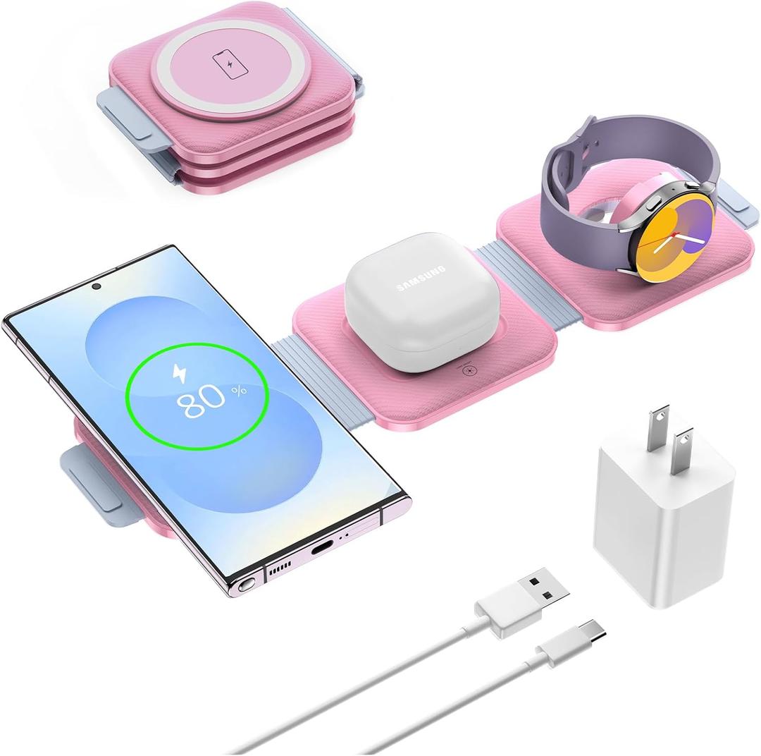 Travel Charger for Samsung Multi Devices, Foldable 3 in 1 Wireless Charging Station Fast Charging Stand/Pad Compatible for Samsung Galaxy S25/S24/S23/S22/S21/Note20 Galaxy Watch8/7/6/5/4/Galaxy Buds4 (Light pink)