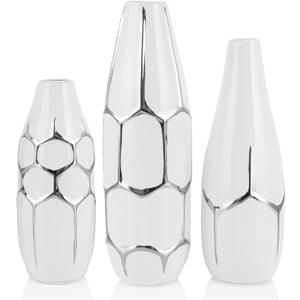 Ceramic Vase Set of 3, Modern Vases for Home Decor, White and Silver for Living Room, Kitchen, Bedroom, Bathroom, Entryway Mantel, Living Room TV Cabinet Decoration (Ws)