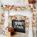 Neutral Fall Garland for Mantle Fireplace - 2 Pack Toatal 18Ft Outdoor Autumn Leaves Decor for Home Front Door with Pumpkins Indoor Maple for Farmhouse Stairs Porch Halloween Thanksgiving Decorations (9Ft)