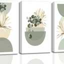 3 Pcs Neutral Abstract Boho Canvas Wall Art Beige Sage Green Mid Century Modern Plants Bohemia Pictures Wall Decor Posters Prints for Bedroom Living Room Bathroom Office Home Decoration