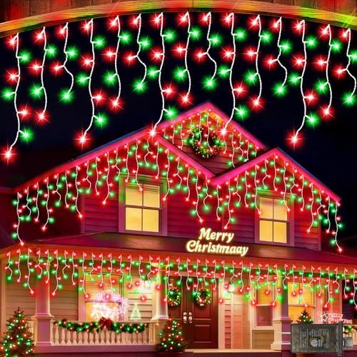 131 FT 1280 LED Christmas Lights Outdoor Decorations Super Long Clear Wire String Lights Plug in 240 Drops 8 Modes Memory Timer Curtain Fairy Lights Waterproof for Holiday Wedding Party-Red and Green