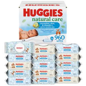 Huggies Natural Care Cucumber, Aloe and Vitamin E Baby Wipes, Hypoallergenic, Scented, 15 Flip-Top Packs (960 Wipes Total)