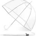 52 inch Clear Bubble Umbrella, Large Canopy Transparent Dome Coverage Stick Umbrella with Reflective Strip, Wedding Style European J Hook Handle Outdoor Umbrella for Women Adult (White Handle)