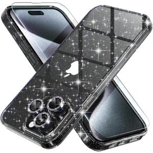 Choiche Compatible for iPhone 15 Pro Case Women Phone Case, Cute Bling Sparkly, Military Grade Drop Protection, 3 Diamond Camera Lens Covers, 2 Tempered Glass Protectors, 6.1 inch (Glitter Black)