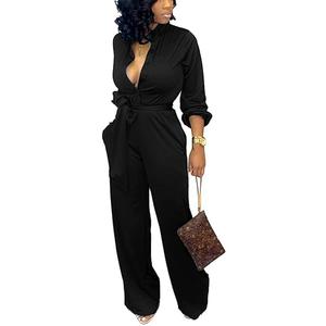 SxClub Black Jumpsuits for Women Dressy Sexy Elegant Long Sleeve Long Straight Pants Rompers Busineess with Pockets Button(Large)