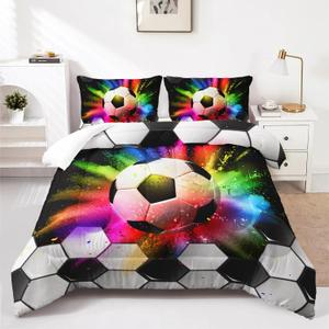 AILONEN 3D Soccer Comforter Set Full Size for Boys,Black and White Soccer Bedding Set for Kids Teen,Sports Football Comforter with 2 Pillowcases,3 Pieces Rainbow Smoky Theme Bed in a Bag (Full, Soccer67)