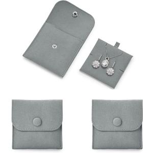 Microfiber Jewelry Pouch with Insert Pad Luxury 3 Pack Jewelry Package Gift Bag with Snap Closure for Necklace Rings Earrings(Dark Grey)