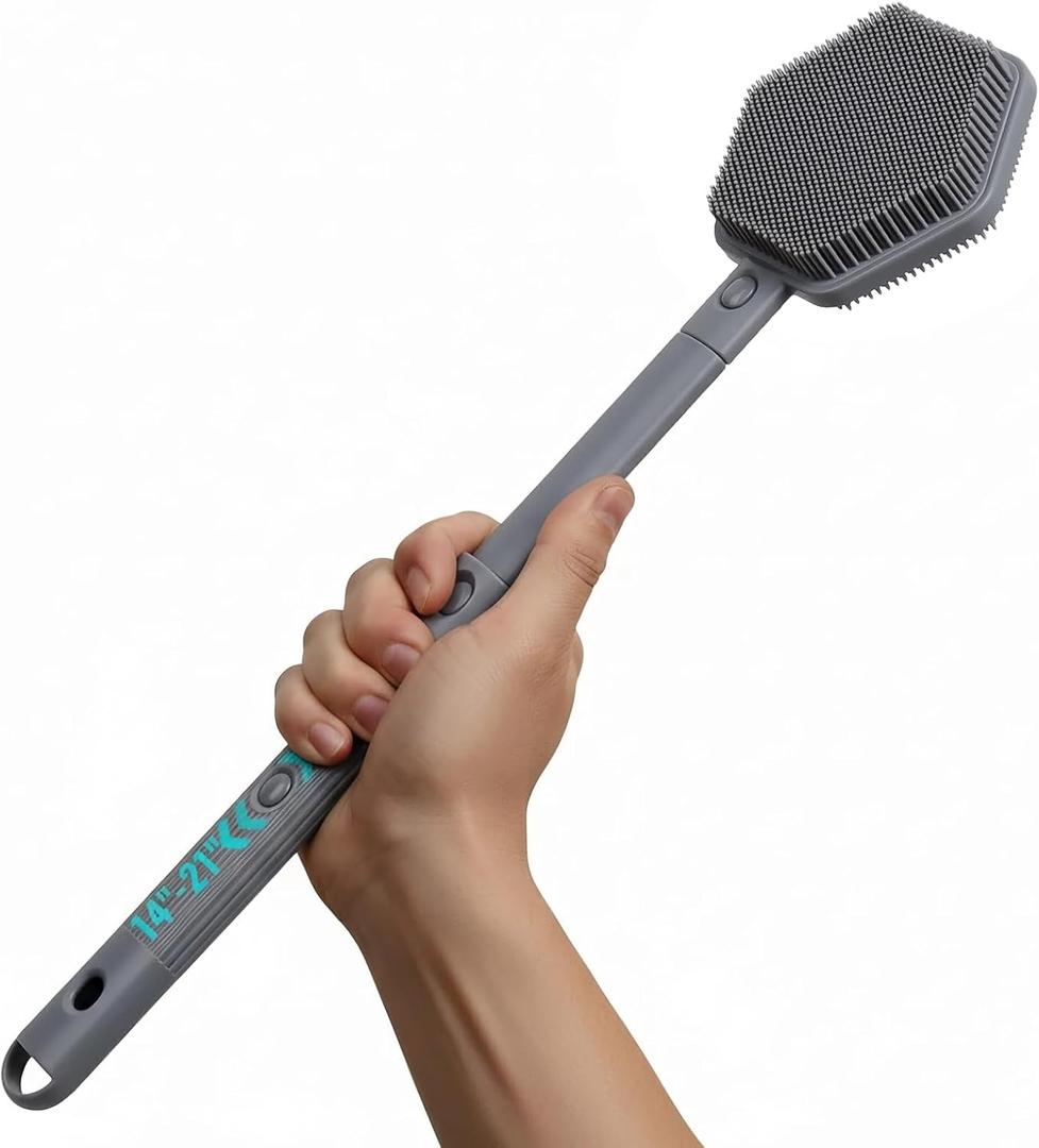 Silicone Back Scrubber for Shower  21in Extendable Shower Brush with Long Handle  Dual-Sided Back Brush with Non-Slip Grip, Gentle Cleansing & Exfoliation for Men, Women, Elderly (Gray)