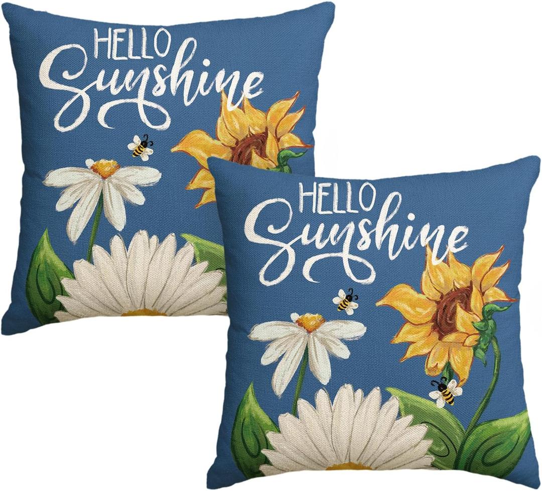 2 x AVOIN colorlife Hello Sunshine Daisy Sunflower Bee Throw Pillow Covers, 18 x 18 Inch Summer Party Holiday Blue Cushion Case Decoration for Sofa Couch Set of 2