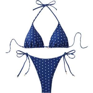 SOLY HUX Women's Polka Dots Print Bathing Suit Halter Triangle Tie Side Bikini Sets Two Piece Swimsuit