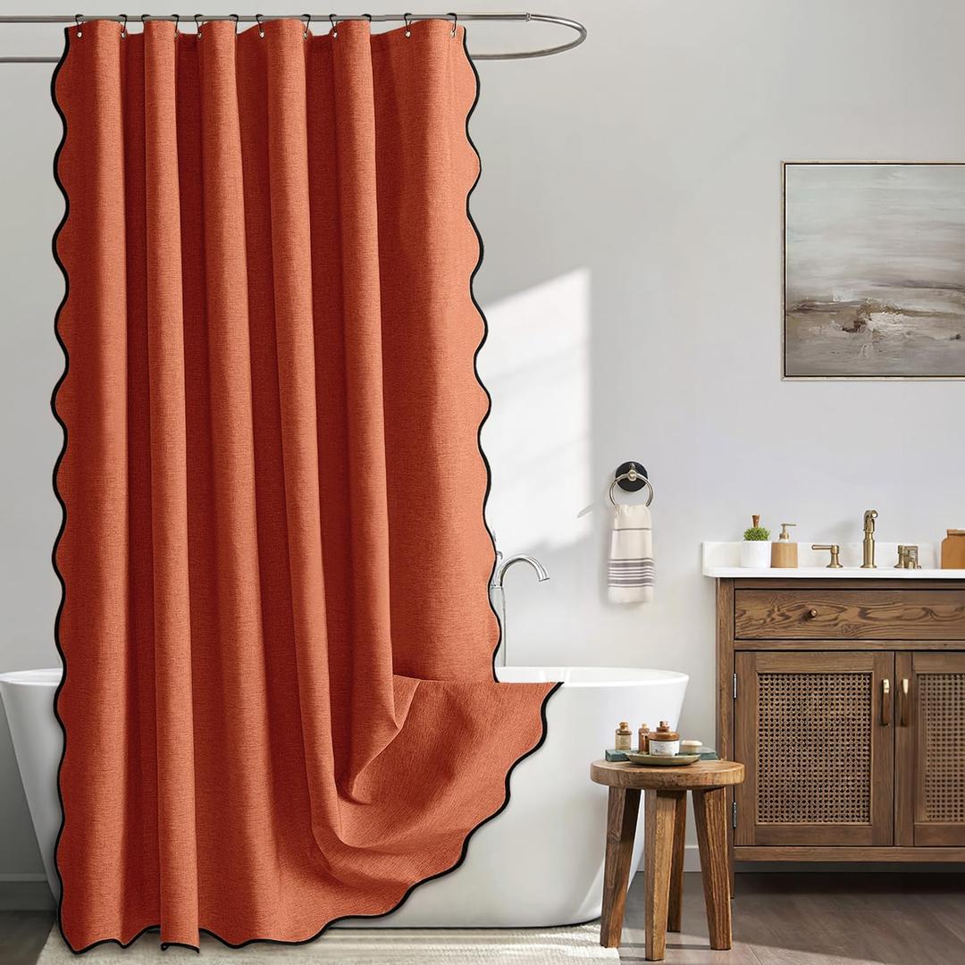 MIULEE 84" Long Scalloped Shower Curtain Linen Textured with 12 Metal Hooks Cute Extra Long Heavy Duty Washable Waterproof Cloth Curtains with Black Border for Bathroom Hotel Bathtub,Burnt Orange
